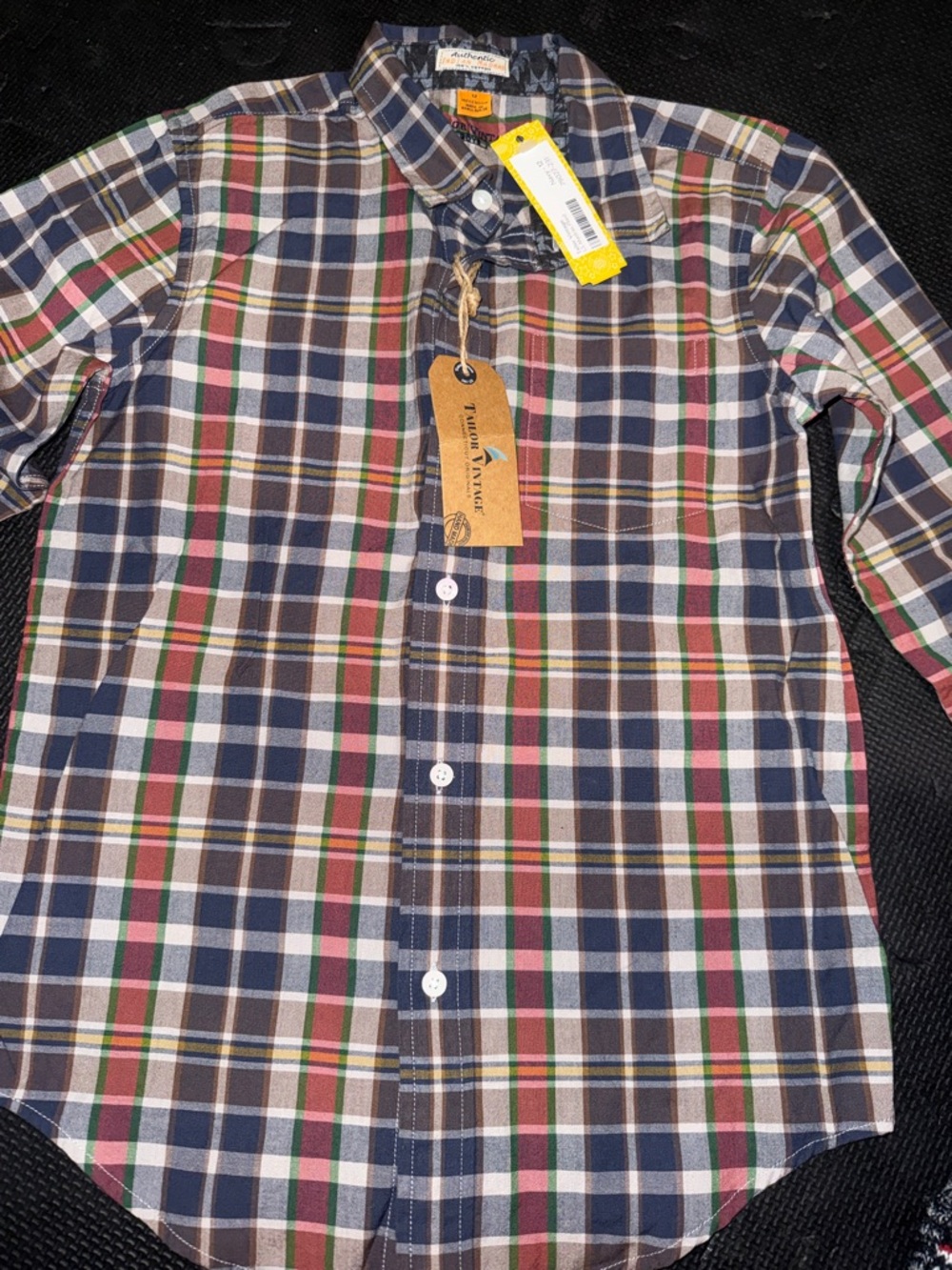 Tailor Vintage Plaid Button-Down Shirt in Navy, Cream, and Red Tones - Picture 7 of 9